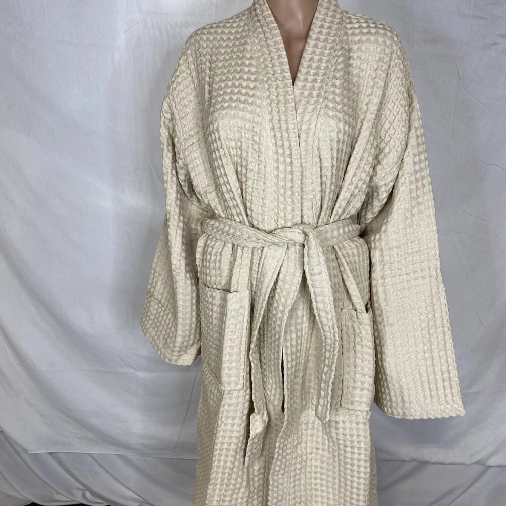 NEW NAIX Womens or Mens Shkoder Cotton Waffle Robe Size L Cream Milk